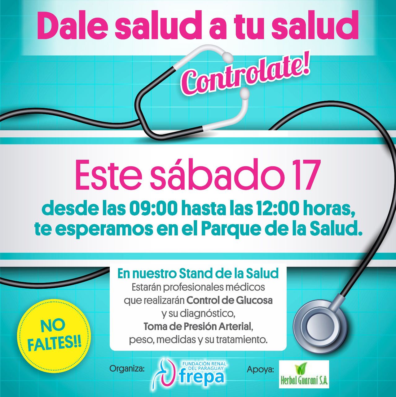 CAMPAÑA DE PREVENCIÓN DE ENFERMEDAD RENAL  “Dale salud a tu salud” se llama el emprendimiento de la Fundación Renal del Paraguay que está encarando con miras a la prevención de enfermedades renales. Esta acción, que cuenta con el apoyo de HERBAL GUARANÍ S.A., se realizará el próximo sábado 17 de junio, de 09:00 a 12:00 horas en el Parque de la Salud de nuestra ciudad capital. En esa oportunidad, médicos, enfermeras y profesionales de blanco, estarán a disposición de las personas que concurran al citado lugar para realizar, en forma totalmente gratuita, control de glucosa y presión arterial. Asimismo, los médicos darán las recomendaciones pertinentes para aquellas personas que deban realizar tratamientos posteriores. Los principales factores que generan problemas renales son la presión alta y la diabetes. Para mantener una vida saludable, se recomienda realizar un chequeo médico por lo menos dos veces al año, además de evitar la obesidad, realizar ejercicios físicos cotidianos, disminuir el consumo de sal e ingerir una alimentación adecuada. Este emprendimiento es parte de una campaña que habrá de realizarse periódicamente y está dirigido a niños, jóvenes y adultos que deseen gozar de una buena salud. Las personas que visiten el Parque de la Salud el próximo sábado17, además del control que podrán efectuarse, participarán de un sorteo de premios instituidos por HERBAL GUARANI S.A. Les esperamos!! 
